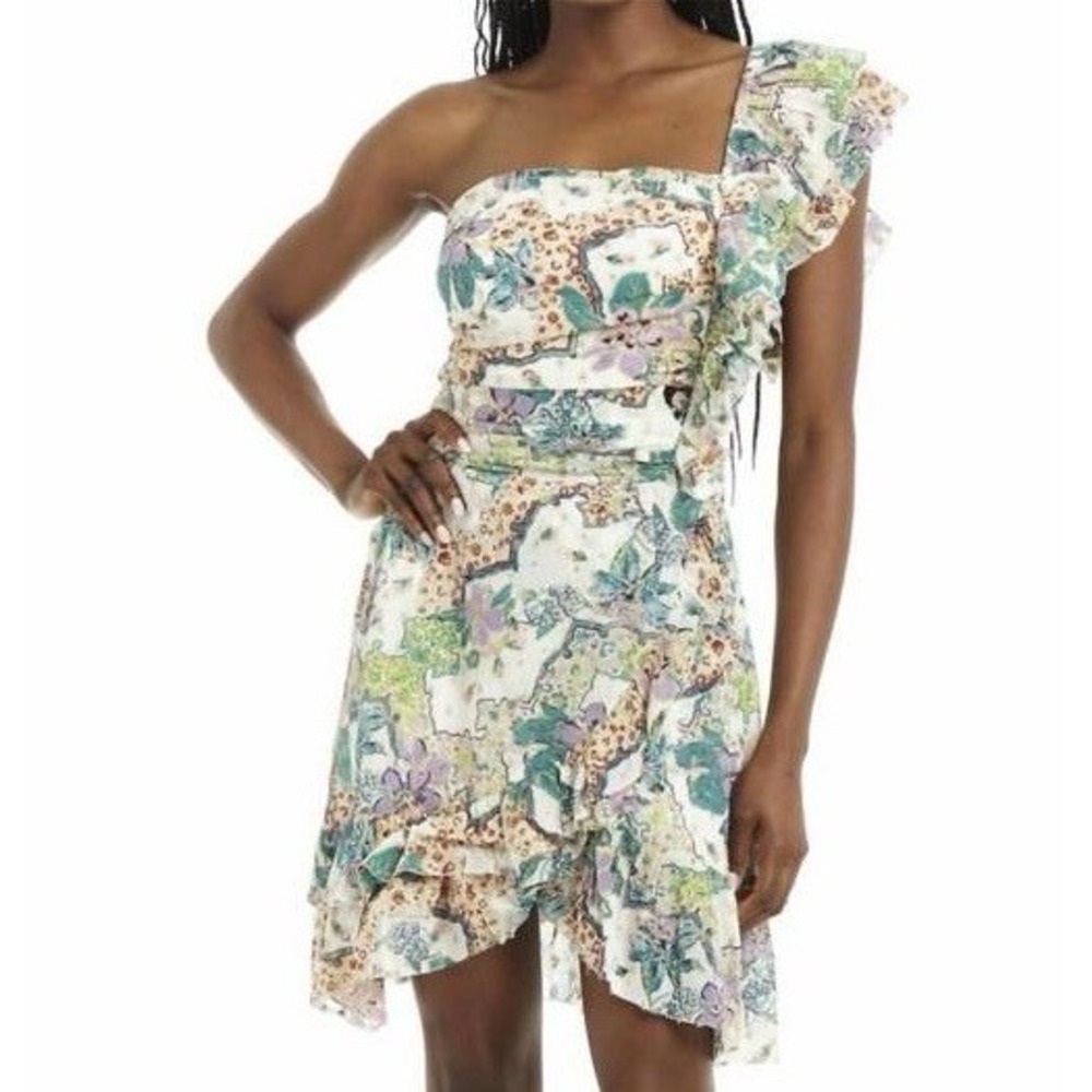 Love The Label Anthropologie 1-Shoulder Floral Mini Dress Medium Smocked Ruffle
